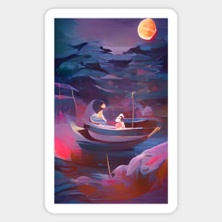 Night Fishing Watercolor Art Sticker